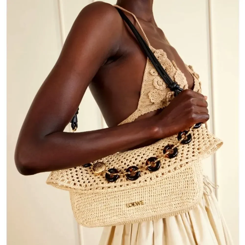 LOEWE + Paula's Ibiza Ola Medium Embellished Raffia Shoulder Bag Neutral